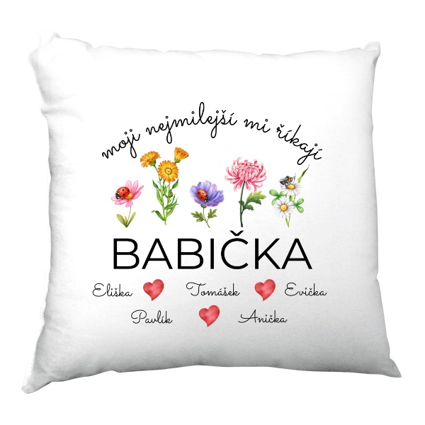 Polštář saténový s potiskem Moji nejmilejší mi říkají babička se jmény pěti vnoučat