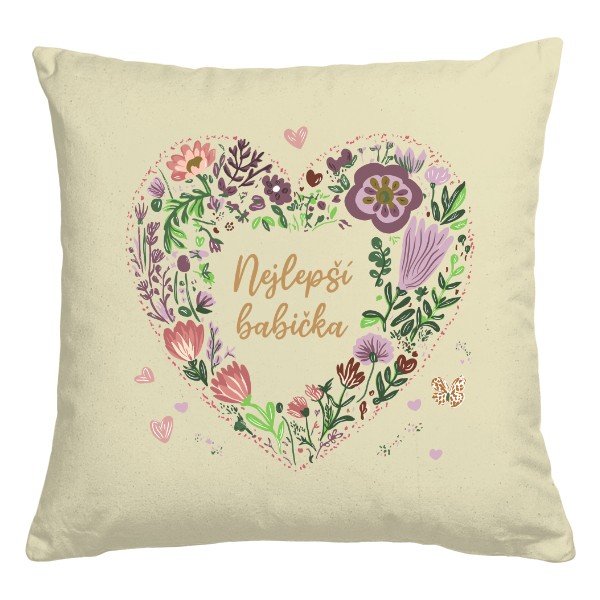 Polštář bavlněný  s potiskem Nejlepší babička květinové srdce polštářek